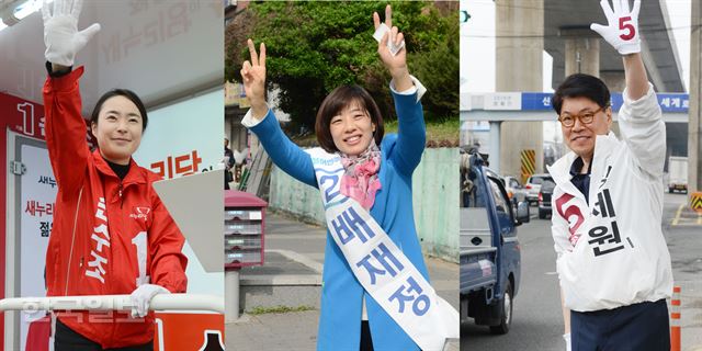 부산 사상에 출마한 손수조 새누리당 후보가 5일 오전 학장교차로에서 출근길 인사를 하고 있다. 같은 선거구의 배재정 더불어민주당 후보는 주례역 인근에서, 장제원 무소속 후보는 주례교차로에서 각각 출근길 인사를 하고 있다. 부산=전혜원기자 iamjhw@hankookilbo.com