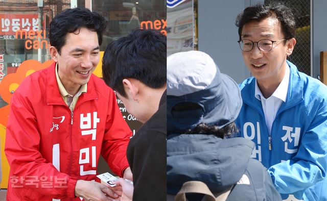 부산 북강서갑에 출마한 박민식 새누리당 후보가 5일 오후 구포 부산과학기술대에서 주민들과 악수를 하고 있다. 같은 선거구 전재수 더불어민주당 후보는 덕천초 인근에서 주민들과 인사를 나누고 있다. 부산=전혜원기자 iamjhw@hankookilbo.com