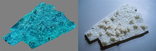 포스텍 연구진이 포항 구룡포 연안에서 가로세로 약 20m 영역을 촬영해 만든 3D 해저 영상(왼쪽). 이를 약 100배 축소해 3D 프린터로 해저 지형 모형(오른쪽)을 제작했다. 포스텍 제공