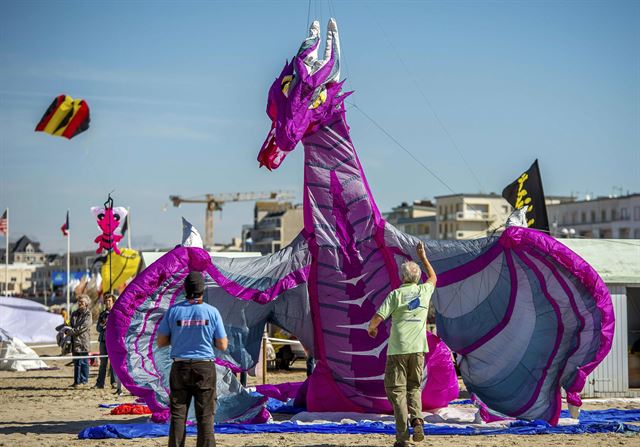 12일(현지시간) 프랑스 북부 베르크 쉬르 메르에서 올해로 30회를 맞는 국제 연 축제가 열린 가운데 행사에 참석한 두 남성이 거대한 용 모양의 연을 날릴 준비를 하고 있다. AFP 연합뉴스