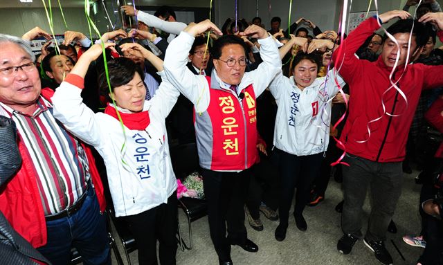 13일 오후 전북 전주시 완산구 정운천 새누리당 완산을 후보 사무실에서 정운천 후보가 우세를 보이는 방송사 출구조사 결과를 보고 하트를 그려보이고 있다. 뉴스1