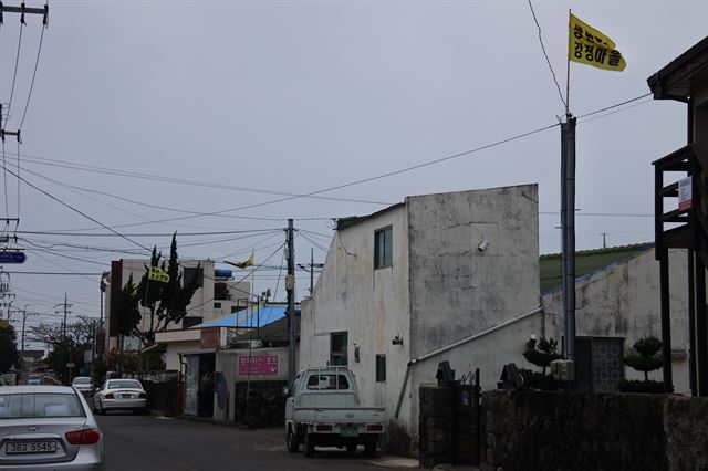 제주 서귀포시 강정마을에는 여전히 해군기지 반대 깃발이 내려지지 않고 있다. 제주=김영헌 기자.