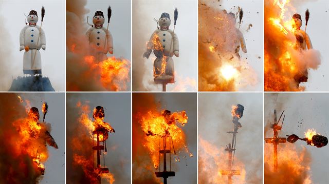 / 스위스 취리히에서 18일(현지시간) 전통축제 '잭셰로이텐'이 열린 가운데 눈사람 모형이 활활 타오르고 있다. 잭셔로이텐은 겨울이 가고 봄이 찾아오는 것을 기념하는 축제로 겨울을 상징하는 눈사람을 불태우는 것이 대표적이다. 눈사람의 머리에 불이 빨리 붙어 폭발할수록 더 멋진 봄과 여름이 온다고 전해지고 있다. 로이터 뉴스1