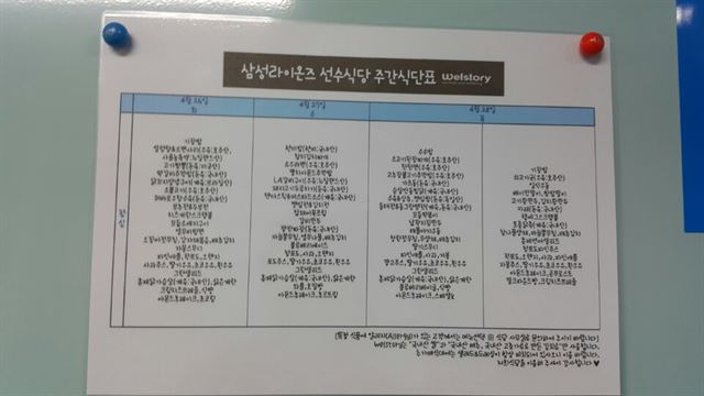 대구삼성라이온즈파크 1층 삼성선수식당에 26-28일치 선수 식단표가 붙어있다. 선수들의 운동량을 감안한 식단이 엄청 푸짐하다. 대구=전준호기자 jhjun@hankookilbo.com