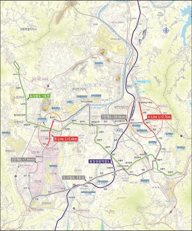 대전시는 28일 도시철도 2호선 트램(노면전차) 시범노선 건설 구간 2곳을 발표했다. 대전시 제공