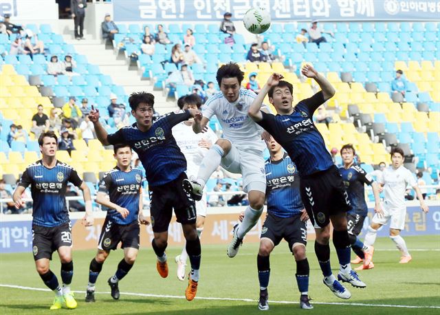 1일 인천축구전용경기장에서 열린 프로축구 인천 유나이티드와 울산 현대의 경기에서 양팀 선수들이 공중에서 공다툼을 하고 있다. 인천=연합뉴스