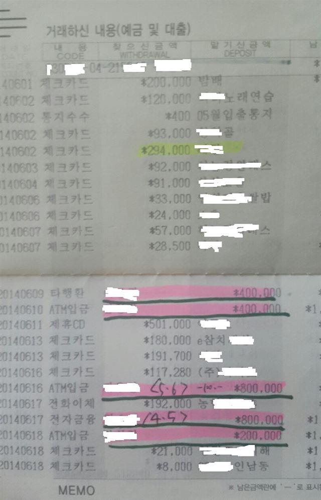 수도권의 한 대학 농구부 선수의 부모가 공개한 찬조금 계좌 사본