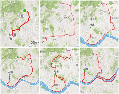 여러가지 코스를 마련해 두는 것이 좋다. 가장 빨리 이동할 수 있는 코스부터 운동 효과를 높일 수 있는 코스까지 짜두면 지루할 틈이 없다. 이미지는 기자의 출퇴근 코스. (왼쪽 위부터) 10km, 13km, 24km, 33km, 34km, 45km를 상황에 따라 골라 탄다. 스트라바 캡처