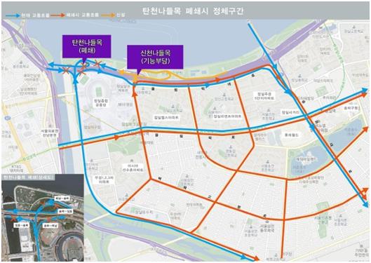 탄천나들목 폐쇄시 정체구간. 송파구 제공