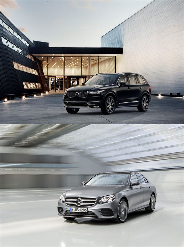 볼보자동차 최상위 스포츠유틸리티차량(SUV) 올 뉴 XC90(위)와 메르세데스-벤츠의 볼륨모델 더 뉴 E클래스. 각 사 제공