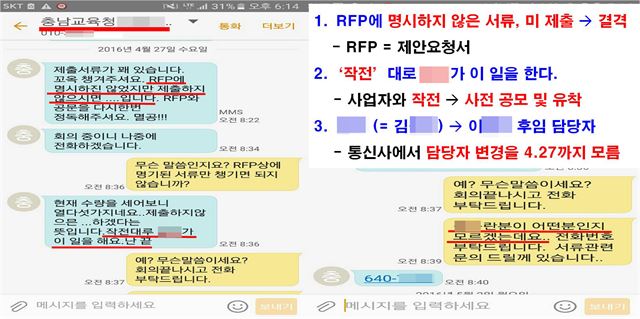 185억원 규모의 충남도교육청 스쿨넷 사업과 관련, 도교육청 직원과 업자가 주고받은 문자메시지.