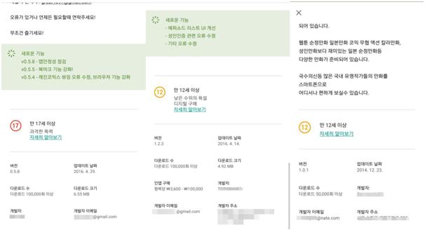 웹툰과 만화 등 콘텐츠 분야 애플리케이션의 경우 만 17세 이상으로 연령 등급을 표기한 곳도 있지만 선정성과 폭력성이 높은 콘텐츠를 포함하고 있음에도 만 12세 이상으로 설정한 앱들이 다수 존재한다.