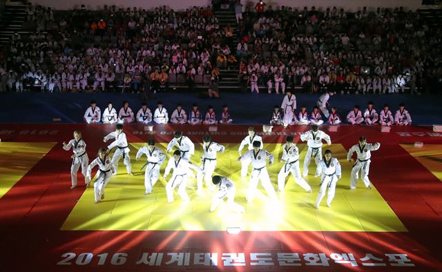 제10회 세계태권도문화엑스포가 16일 전북 무주군 설천면 태권도원 T1경기장에서 개막했다. 연합뉴스/2016-07-17(한국일보)