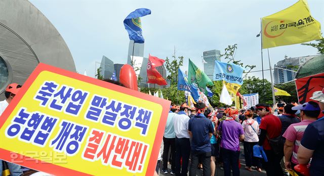 한국농축산연합회 농민들이 21일 오후 서울 여의도 산업은행 앞에서 김영란법을 규탄하는 집회를 갖고 있다,배우한기자