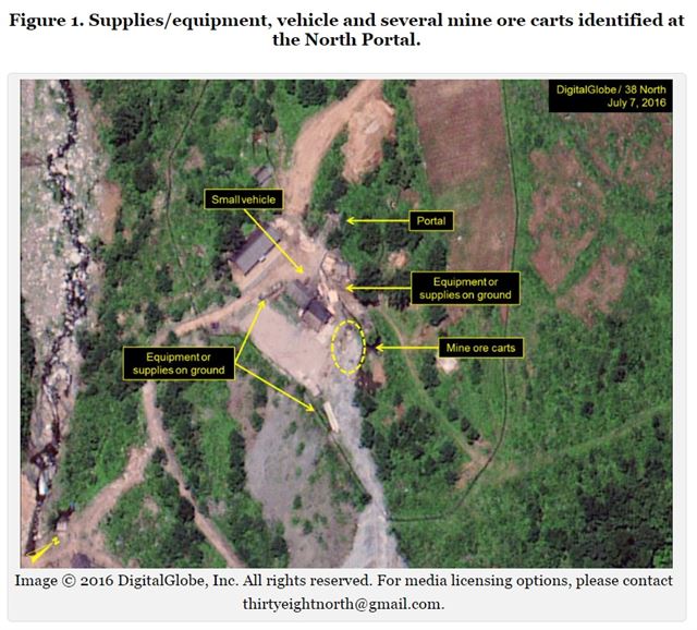 미국의 북한전문매체 38노스가 지난 7일 촬영해 12일 공개한 함경북도 길주군 풍계리 핵실험장의 위성사진. 다수의 장비와 차량의 움직임이 포착됐다. 연합뉴스