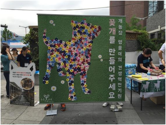 동물자유연대는 27일 서울 인사동에서 개식용에 반대하는 ‘꽃개를 만들어주세요’행사를 진행했다. 동물자유연대 제공