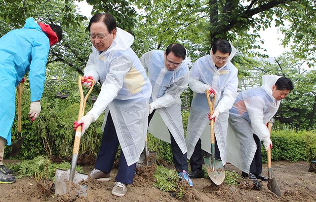 한동우(왼쪽 두번째) 신한금융지주 회장을 비롯한 계열사 임직원들이 지난 5월 서울 광진구 능동 어린이대공원에서 사회공헌 활동 프로그램인 '무장애 놀이터 만들기'에 참여, 나무를 심고 있다. 신한금융지주 제공