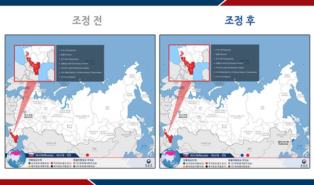 여행경보가 신규 발령된 러시아-북한 접경지(파란색 부분)