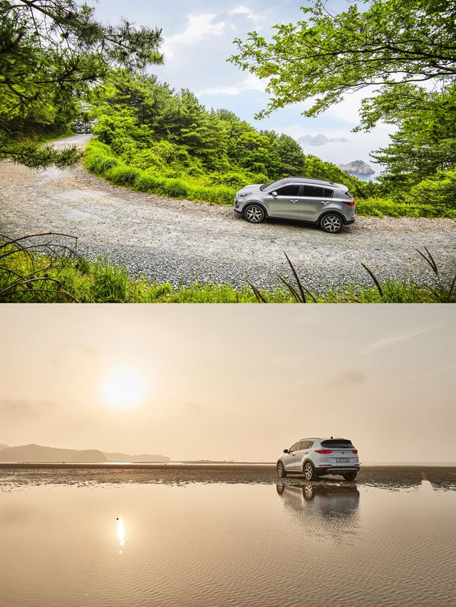 경남 거제시 홍포와 충남 태안군 신두리 해안도로를 달리고 있는 스포티지. 기아자동차 제공