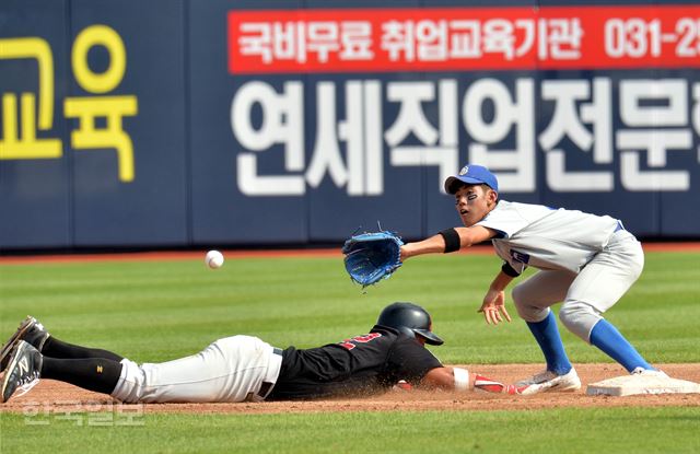 3일 수원 KT위즈파크에서 열린 봉황대기 전국고교야구대회 장안고와 배명고의 경기에서 3회초 장안고 2루주자 이성원이 배명고 투수 안영철의 견제에 황급히 귀루하고 있다. 수원=서재훈기자 spring@hankookilbo.com