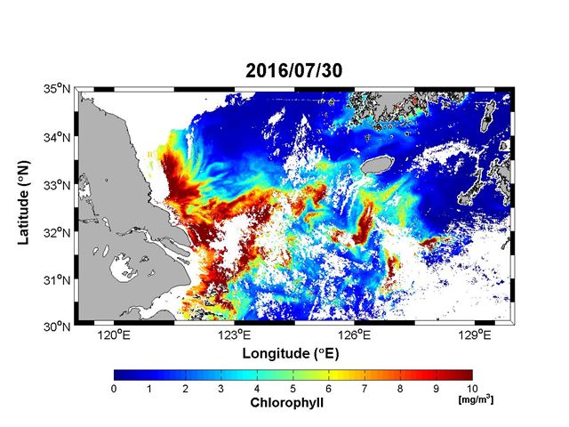 7월 30일 해양관측위성 ‘천리안’이 촬영한 동중국해 영상. 고농도 엽록소를 포함한 바닷물(빨간색)이 한반도 쪽으로 다량 확산되고 있다. 한국해양과학기술원 제공