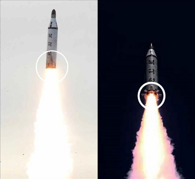 노동신문은 25일 1~2면에 잠수함발사탄도미사일(SLBM) 시험발사 관련 사진 24장을 게재했다. 사진은 지난 4월 23일 발사 당시의 SLBM(왼쪽)과 오늘자 사진의 SLBM 모습을 비교한 것으로, 하단부 톱니 모양의 장치가 추가된 것이 보인다.