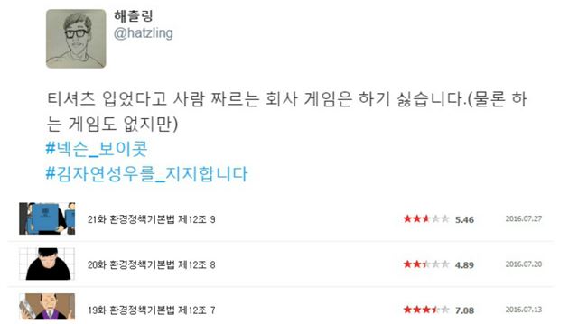 네이버 웹툰 '동네변호사 조들호'의 작가 해츨링이 지난 7월 19일 트위터에 올린 글(위)과 이후 낮아진 별점. 트위터, 네이버웹툰 캡쳐