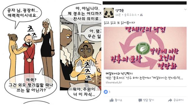 웹툰 '덴마'속 여성 캐릭터가 외모 품평에 대해 핀잔을 주는 장면(왼쪽)은 독자들을 놀라게 했다. '메갈리아와 낙인찍기' 글을 공유하며 동료 작가를 지지한 양영순 작가의 페이스북(오른쪽). 네이버 웹툰 캡쳐, 트위터 캡쳐