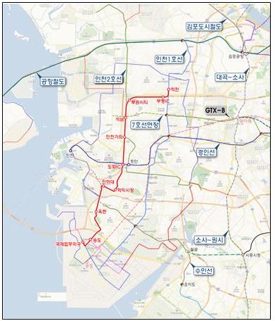 인천시가 송도국제업무지구~용현ㆍ학익지구~작전역을 잇는 노면전차(트램) 건설을 추진한다. 노면전차 예상 노선도. 인천시 제공