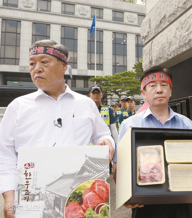 지난달 28일 오후 서울 종로구 헌법재판소에서 '부정청탁 및 금품 등 수수의 금지에 관한 법률'(김영란법)에 대한 헌법소원 심판 사건 선고가 열리는 동안 정문 앞에서 농민이 한우 5만원어치를 들어보이며 항의시위를 벌이고 있다. 신상순 선임기자ssshin@hankookilbo.com