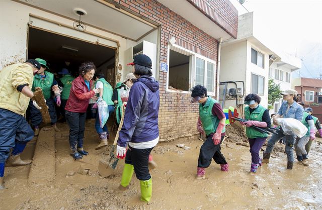 기록적인 폭우로 피해가 속출한 울릉도의 공무원과 주민들이 한마음이 돼 복구에 구슬땀을 흘리고 있다. 2016.9.1 [울릉군=연합뉴스]