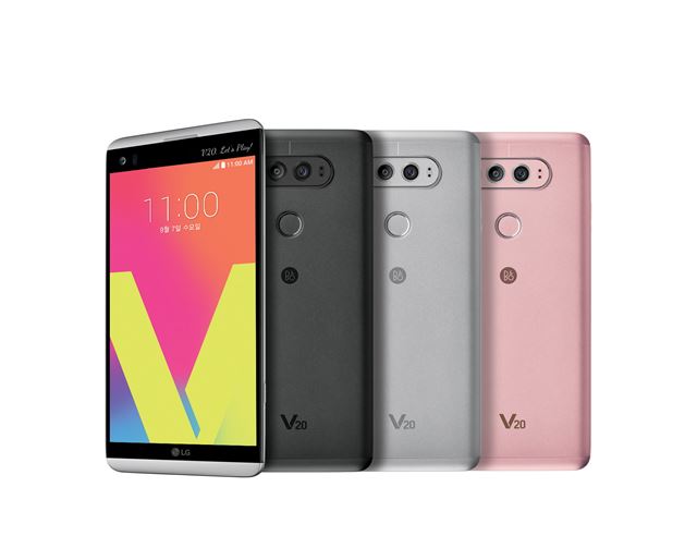 LG전자가 9월 말 국내 출시하는 LG V20. (왼쪽 두 번째부터)티탄 실버 핑크 등 세 가지 색상으로 선보인다. LG전자 제공