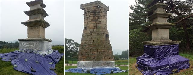 경주 지진 나흘째인 16일 태풍 피해에 대비해 비 가림막이 설치된 주요 문화재들. 왼쪽부터 창림사지 삼층석탑, 첨성대, 효현리 삼층석탑. 경주시 제공