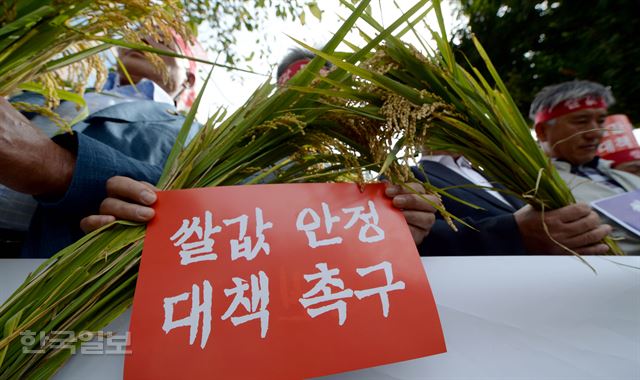 21일 오후 서울 여의도에서 한국쌀전업농중앙연합 회원들이 쌀값 대책을 촉구하는 기자회견을 진행하고 있다. 한국일보 자료사진