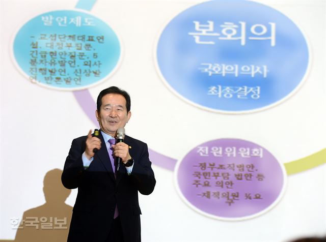 정세균 국회의장이 27일 서울 서대문구 명지대학교에서 특강을 하고 있다. 신상순 선임기자 ssshin@hankookilbo.com