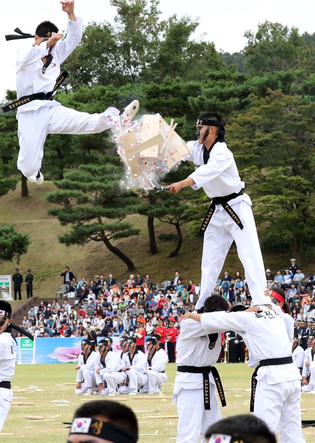 건군 68주년 국군의 날 기념식 최종 리허설이 29일 충남 계룡시 계룡대에서 열렸다. 특전사 대원들이 격파시범을 선보이고 있다. 연합뉴스