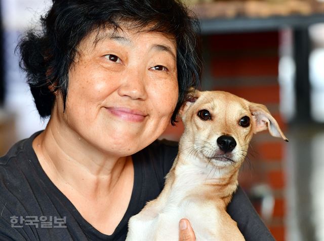 임순례 동물보호시민단체 '카라' 대표와 꽃솔이. 홍인기 기자