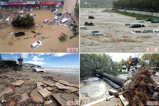 제 18호 태풍 차바가 제주도와 남주비장을 강타하고 지나가면서 전국에서 2명이 사망하고 1명이 실종되는 등 인명 및 재산 피해가 속출하고 있다. 사진은 5일 태풍 차바의 영향으로 300㎜가 넘는 집중 호우가 쏟아지자 울산시 중구의 한 대형 슈퍼마켓과 전자상가 앞 주차장이 침수돼 차량과 전자제품 등이 물에 둥둥 떠 있고, 오후 경북 경주시 서천둔치 주차장에 있던 차들이 갑자기 불어난 물에 떠내려가고 있다. 또한 태풍이 지나간 부산 해운대해수욕장 백사장에 폐합판과 컨테이너 등으로 뒤덮여 쑥대밭으로 변한 모습과 경남 창원시 창원대학교 정문 앞 버스정류장에서 제18호 태풍 '차바'로 뿌리채 뽑힌 전나무 철거작업이 진행되고 있는 모습. 연합뉴스