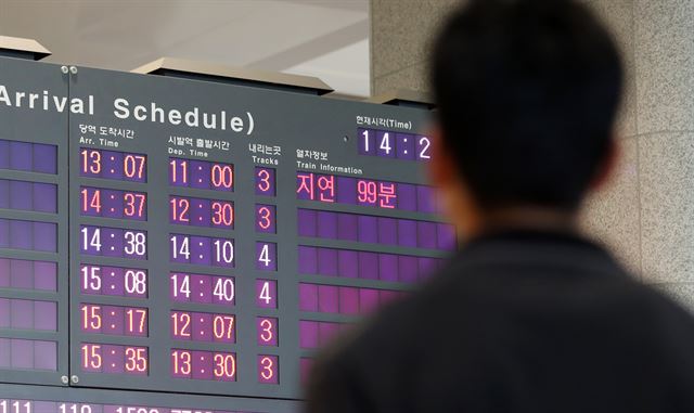 5일 오후 경북 경주시 건천읍 신경주역에서 승객들이 지연된 열차를 기다리고 있다. 이날 고속철도 경부선 울산역 부근의 단전사고로 신경주역∼부산역 구간 KTX 열차가 한때 운영이 중단됐다. 연합뉴스