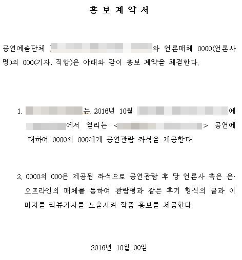 ‘프레스티켓’ 제공 조건으로 반드시 리뷰 기사 작성을 요구한 한 공연기획사의 ‘홍보계약서’.