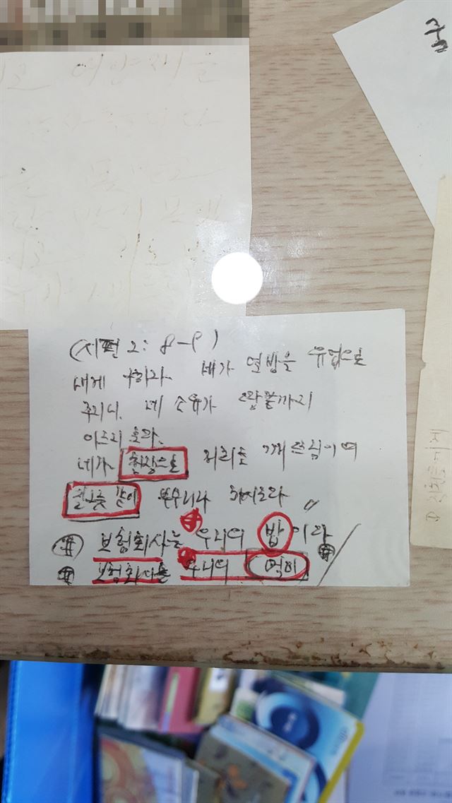 경찰에 사기혐의로 구속된 병원장 책상위에서 발견된 메모. 경남경찰청 제공