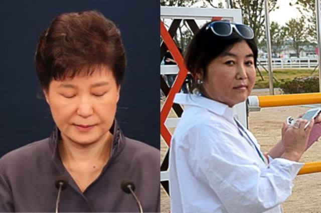 25일 박근혜 대통령이 대국민 사과를 하기 전 눈을 감고 있다. 박 대통령 오른쪽이 비선실세로 지목된 최순실(60ㆍ최서원으로 개명)씨. 연합뉴스·시사IN 제공