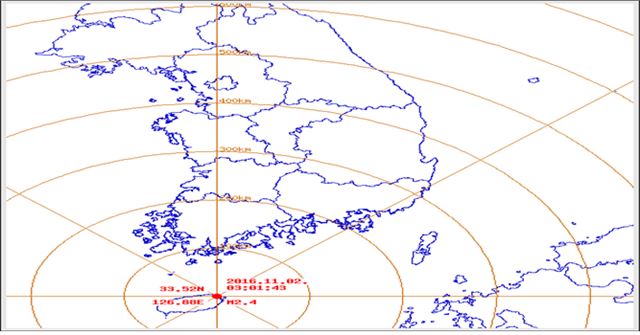 2일 오전 3시 1분께 제주도 제주시 동쪽 32㎞ 지점에서 규모 2.4의 지진이 발생했다. 사진은 기상청 지진통보문에 첨부된 진앙 지도.