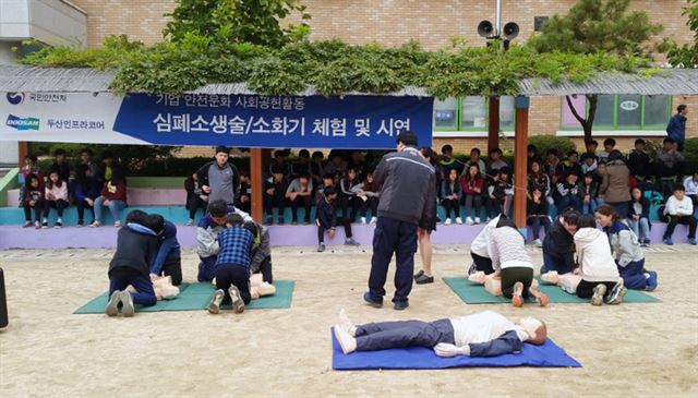 지난달 26일 인천 만석초등학교에서 열린 두산인프라코어의 안전문화 사회공헌활동에서 학생들이 심폐소생술을 배우고 있다. 두산인프라코어 제공