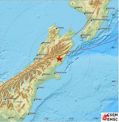 뉴질랜드 남섬의 크라이스트처치 인근에서 14일(현지시간) 0시2분쯤 규모 7.4의 지진이 발생했다고 미 지질조사국(USGS)이 밝혔다. 이에 따라 뉴질랜드 정부가 쓰나미 경보를 발령됐다. 유럽지중해지진센터(EMSC) 홈페이지 캡처 연합뉴스