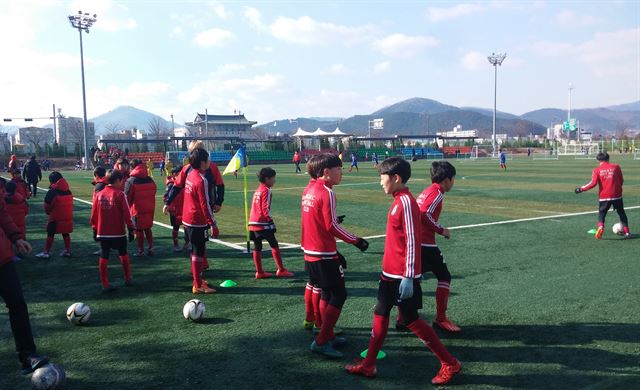 지난해 겨울, 축수선수들이 경주 잔디구장에서 동계전지훈련을 하고 있다. 경주시 제공