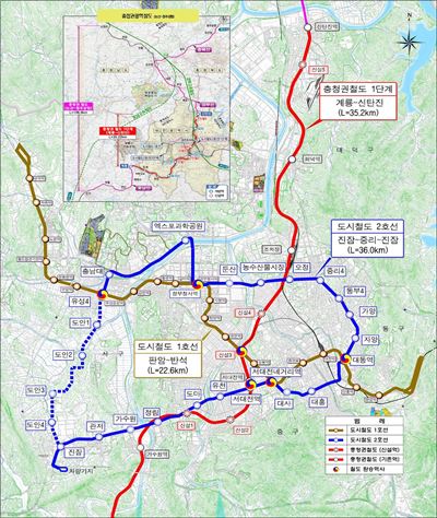 충청권 광역철도와 대전도시철도 2호선 노선도