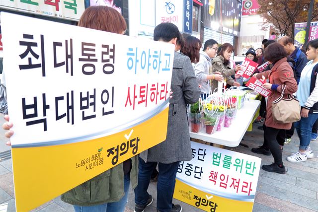 대구 3차 시국대회가 열린 19일 대구 중구 대중교통지구에 "최대통령 하야하고 박대변인 사퇴하라"는 피켓이 눈길을 끌고 있다. 정광진기자 kjcheong@hankookilbo.com