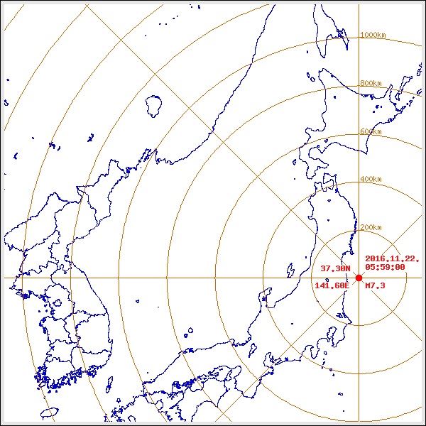 22일 오전에 발생한 후쿠시마현 규모 7.3 지진 진앙. 기상청 제공