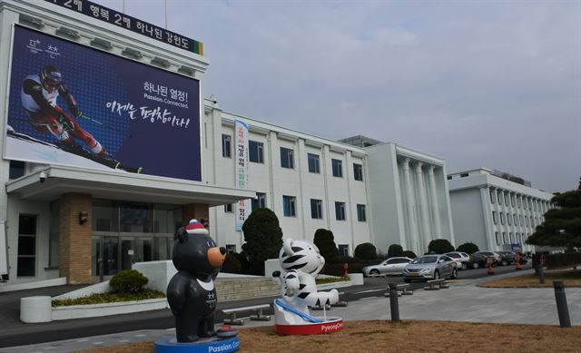 강원도는 최근 해외 언론의 보신탕 문제제기와 관련해 평창과 강릉 등 올림픽 개최지 내 음식점을 대상으로 ‘외국인 반정서 음식 전환 지원’을 추진 중이다. 강원도청 본관 앞에 전시된 평창동계올림픽 마스코트인 반다비(왼쪽)와 수호랑. 강원도 제공